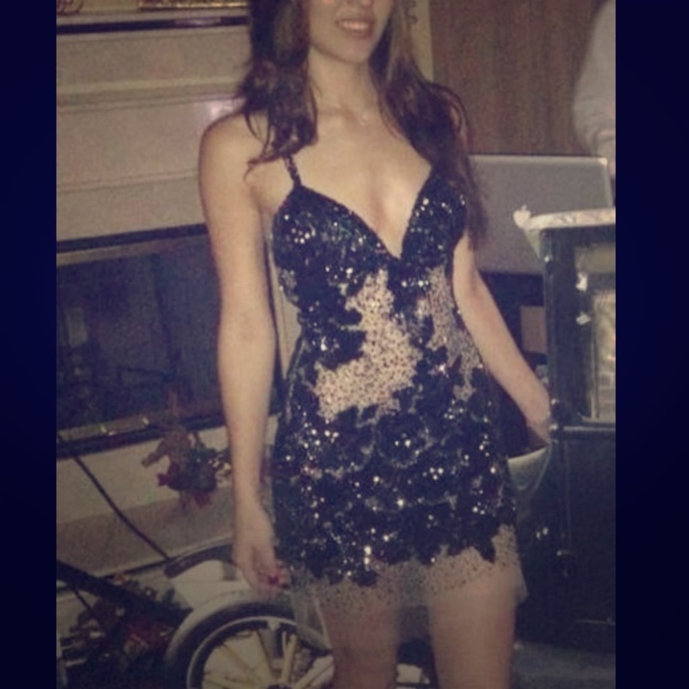 Hand-embroidered sequin beaded mini cocktail dress